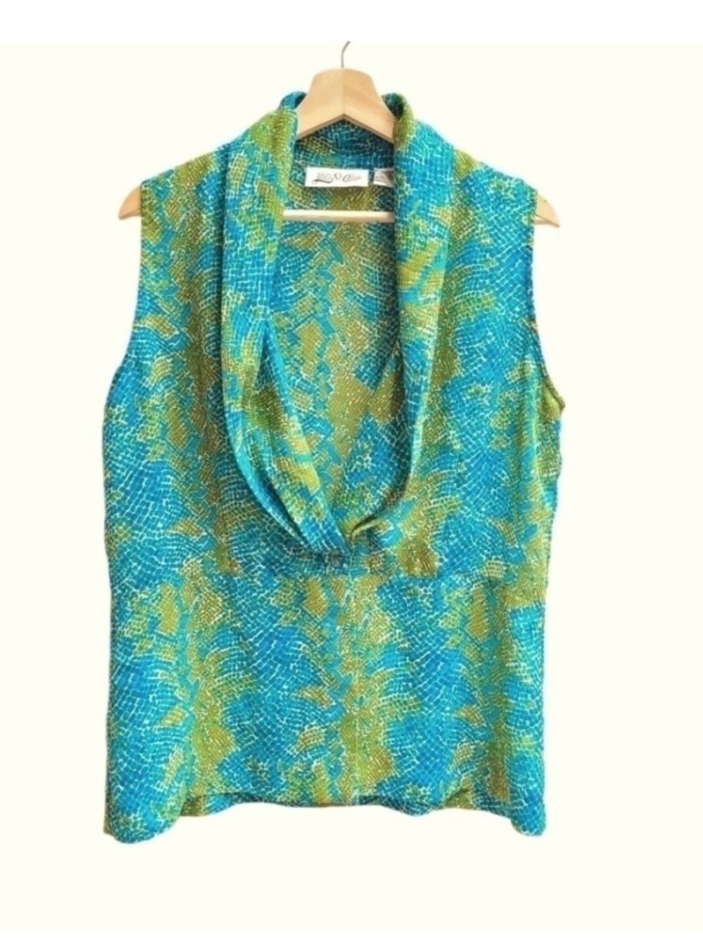 Yves St. Clair Colorful Snakeskin Print Sleeveless Blouse, Blue Green, Size XL
